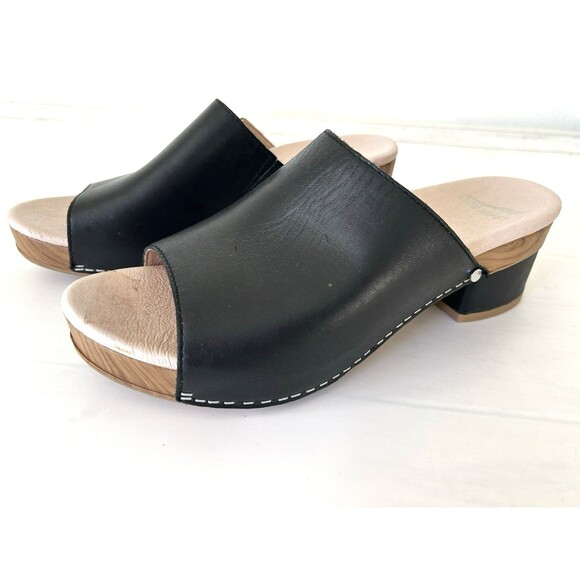 Dansko Ravyn Peep Toe Leather Mule Slide Sndal Slip On Clog Black Sz 39 US 8-8.5 - Picture 2 of 7